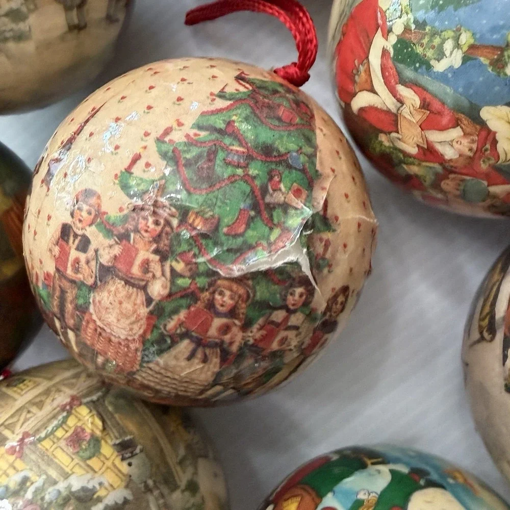 Lot If 12 Vintage Decoupage Christmas Ball Ornaments Victorian Carolers Folk Art
